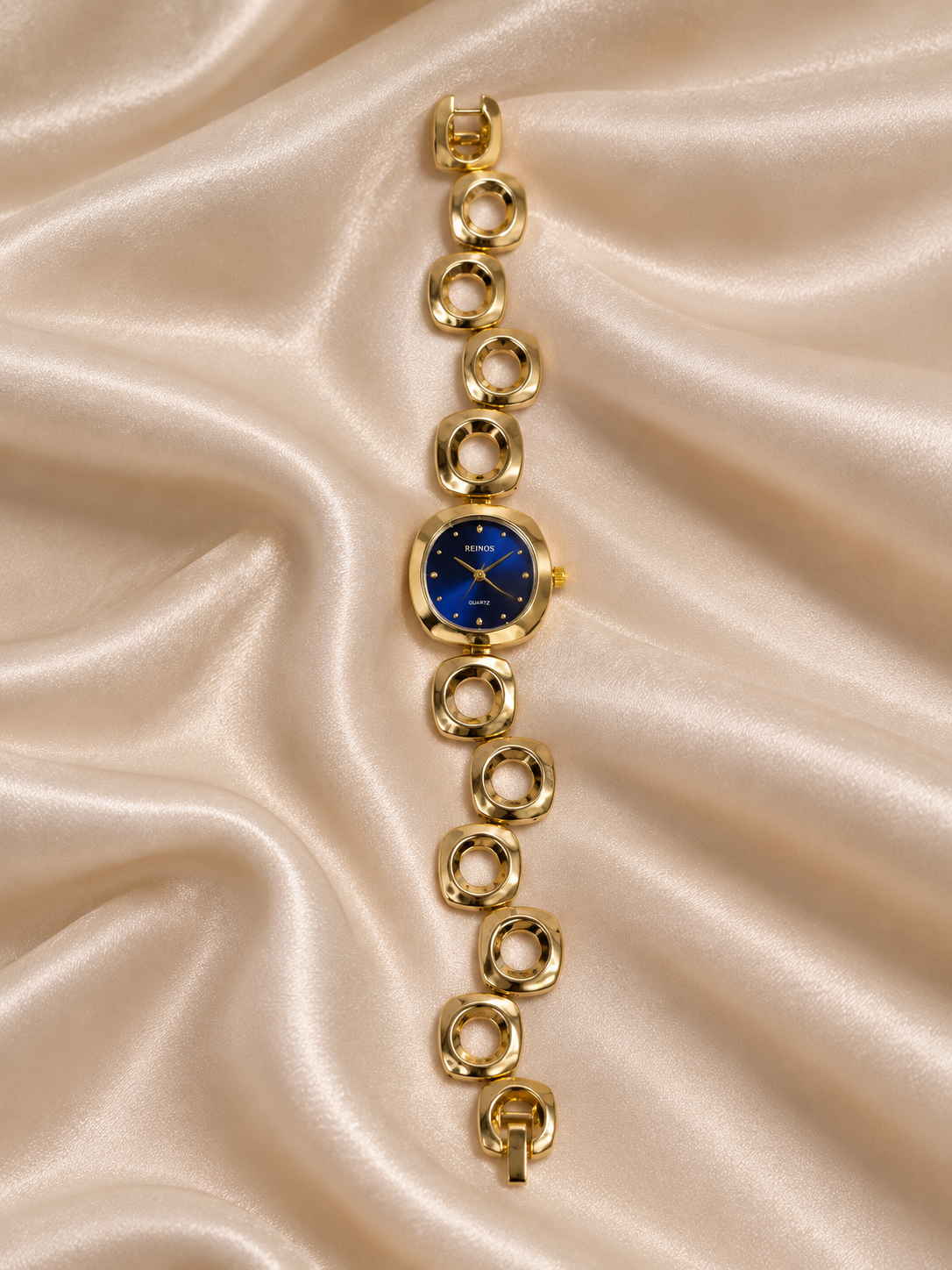 Rachel Golden Blue Square Dial Metal Belt Women's Watch | Fynsia