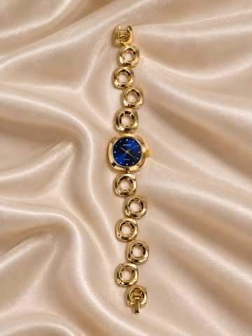 Rachel Golden Blue Square Dial Metal Belt Women's Watch | Fynsia