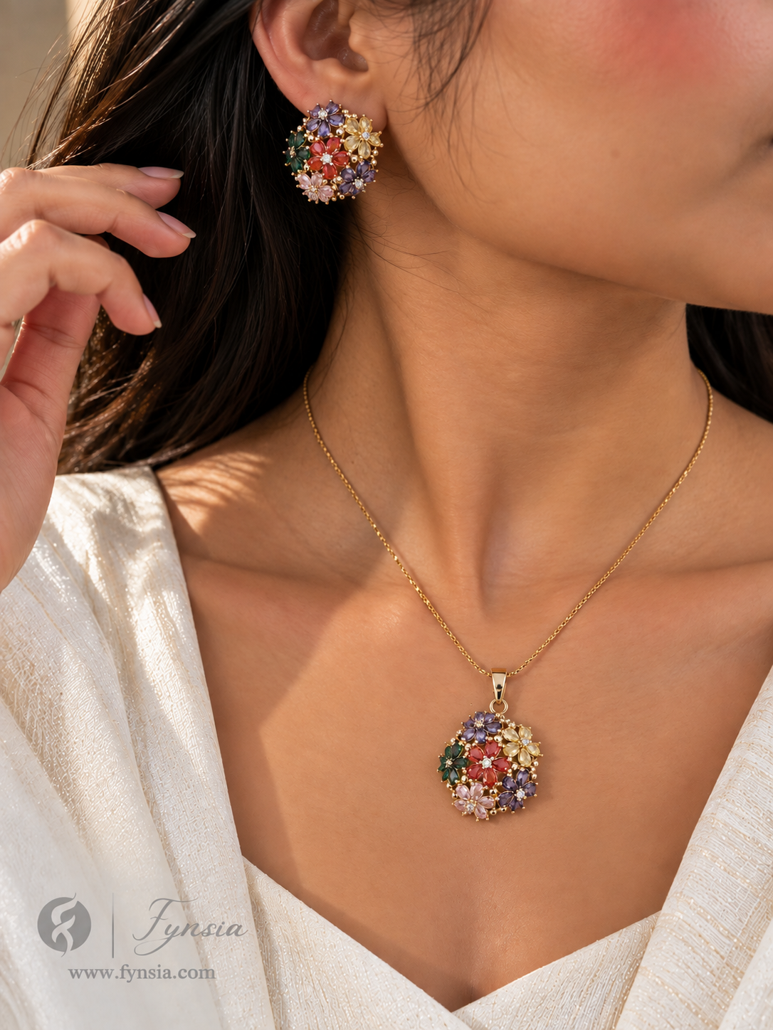 Ramsha Zirconia Multi Diamond Golden Tone Pendant Chain Set With Earrings | Fynsia