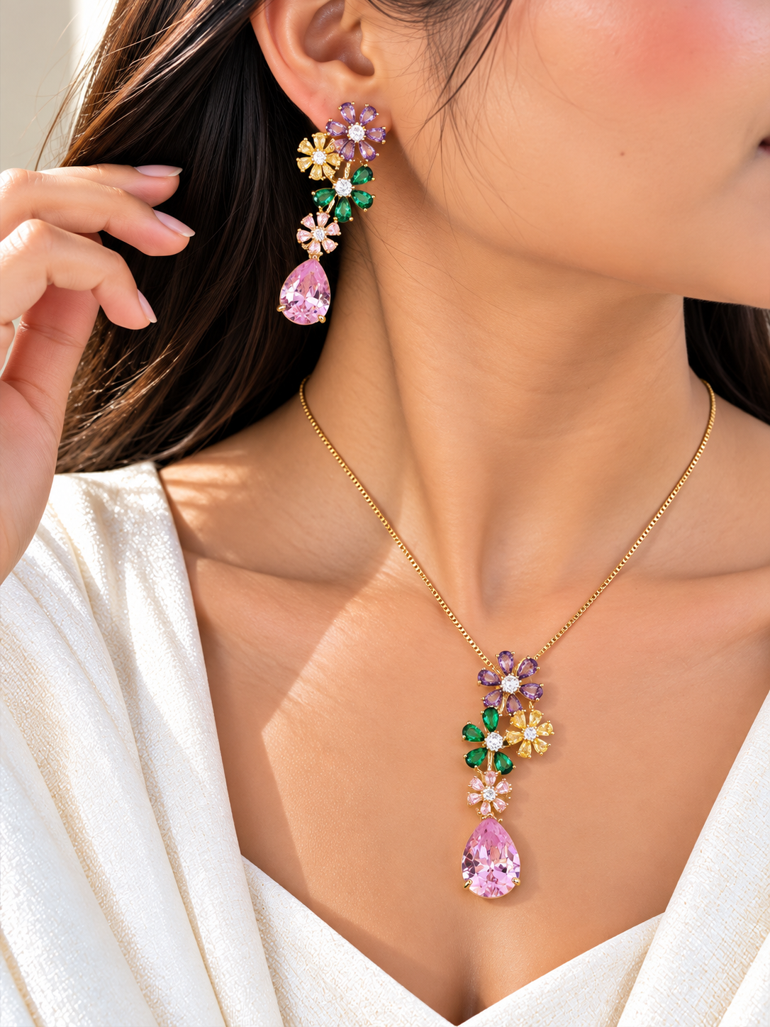 Mehrin Zirconia Multi Diamond Golden Tone Pendant Chain Set With Earrings | Fynsia