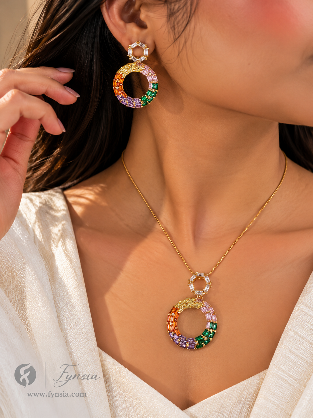 Iram Zirconia Multi Diamond Golden Tone Pendant Chain Set With Earrings | Fynsia