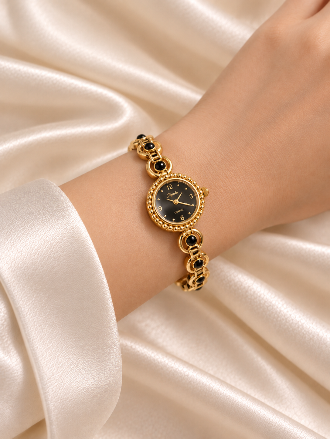 Aria Golden Black Dial Metal Belt Women's Watch | Fynsia