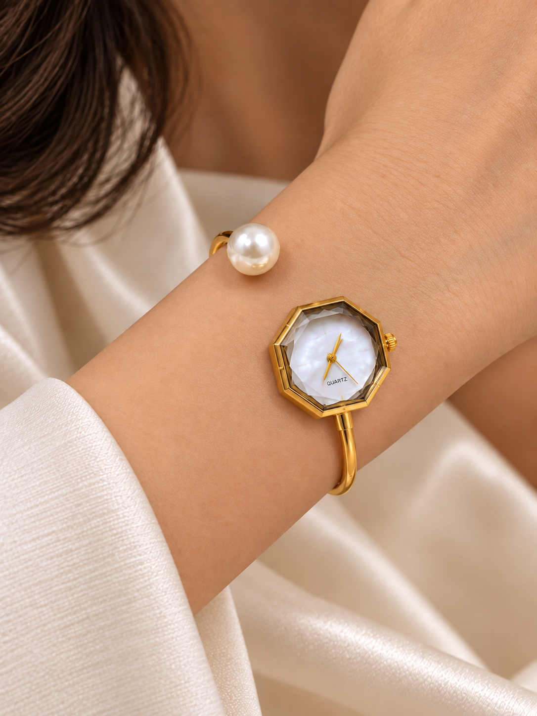 Samaira Golden White Pearl Square Dial Kada Women's Watch | Fynsia