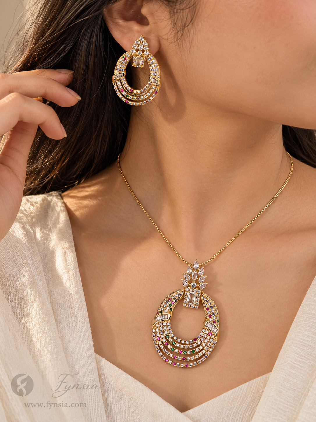 Kulsum Zirconia Multi Diamond Golden Tone Pendant Chain Set With Earrings | Fynsia