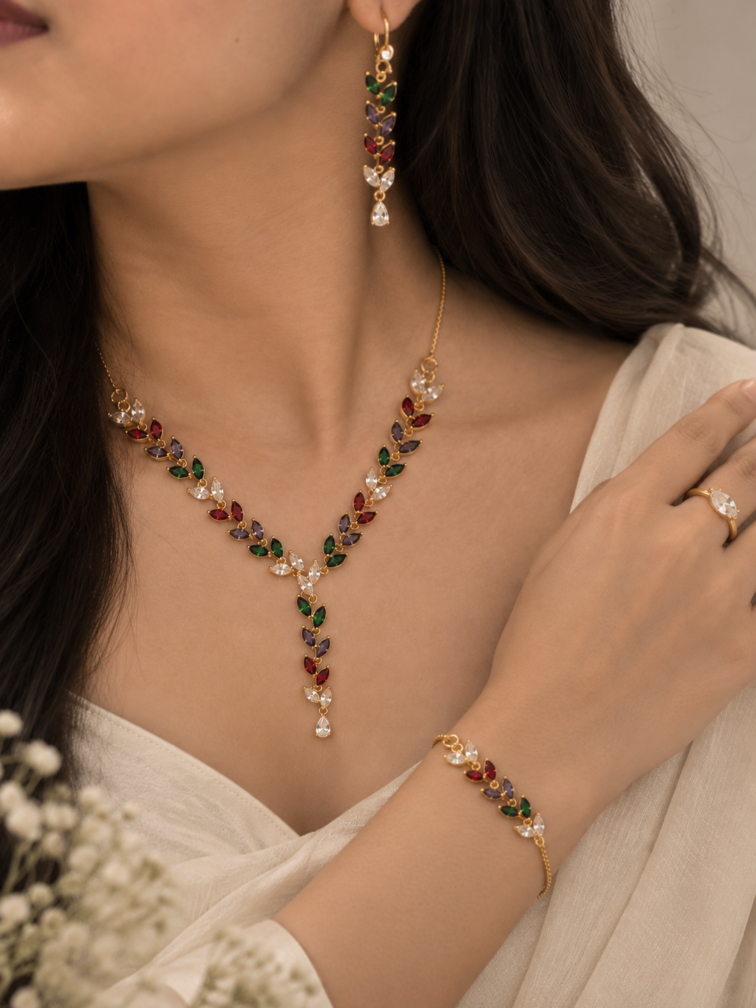 Aarohi Stainless Steel Combo | Necklace - Bracelet - Earing-  Ring | Anti Tarnish Jewelry | Fynsia