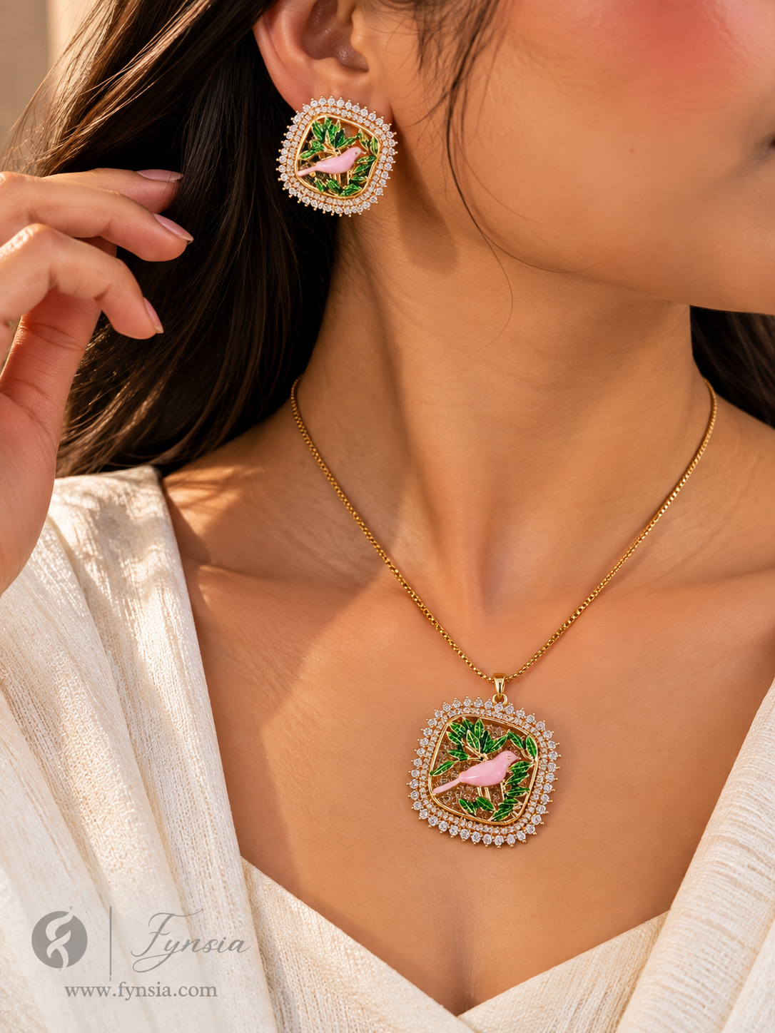 Zoya Zirconia Multi Diamond Golden Tone Pendant Chain Set With Earrings | Fynsia