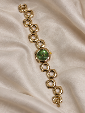 Annie Golden Green Square Dial Metal Belt Women's Watch | Fynsia