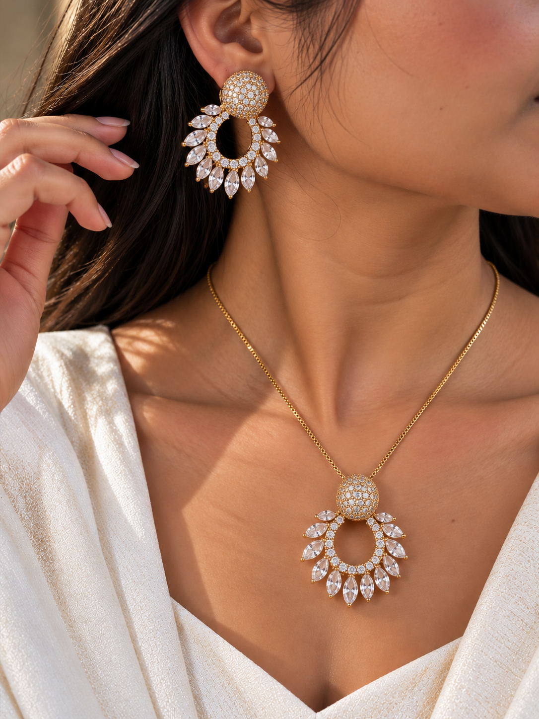 Zahira Zirconia Diamond Golden Tone Pendant Chain Set With Earrings | Fynsia