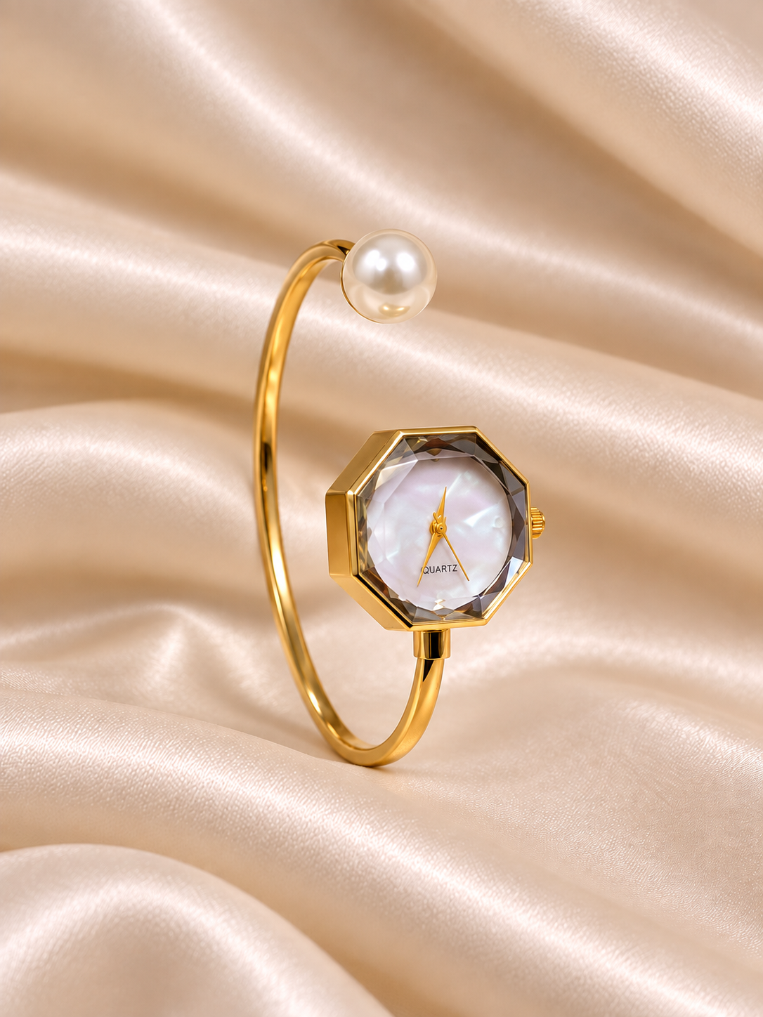 Samaira Golden White Pearl Square Dial Kada Women's Watch | Fynsia