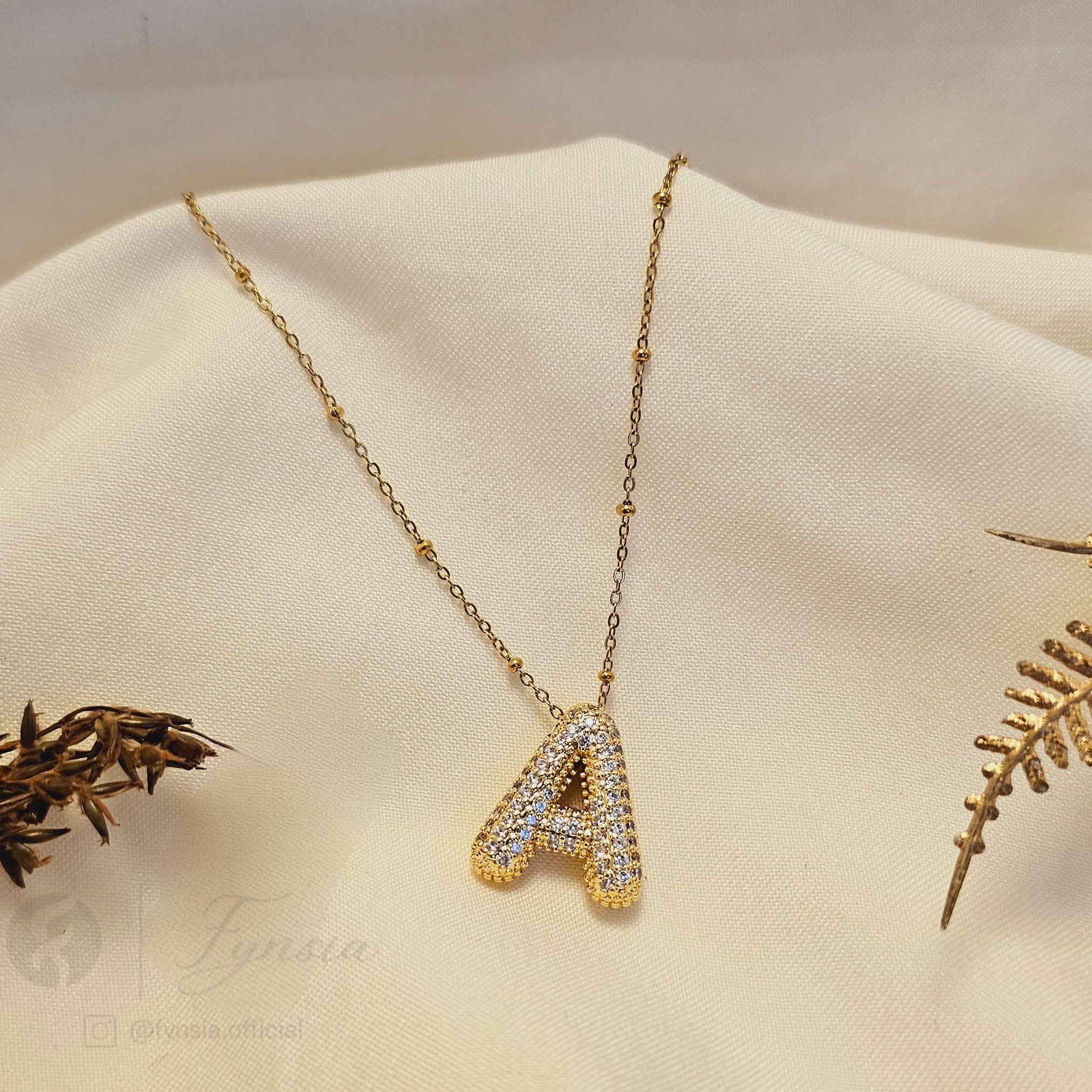 Golden A Diamond Alphabet Pendant Chain | Fynsia