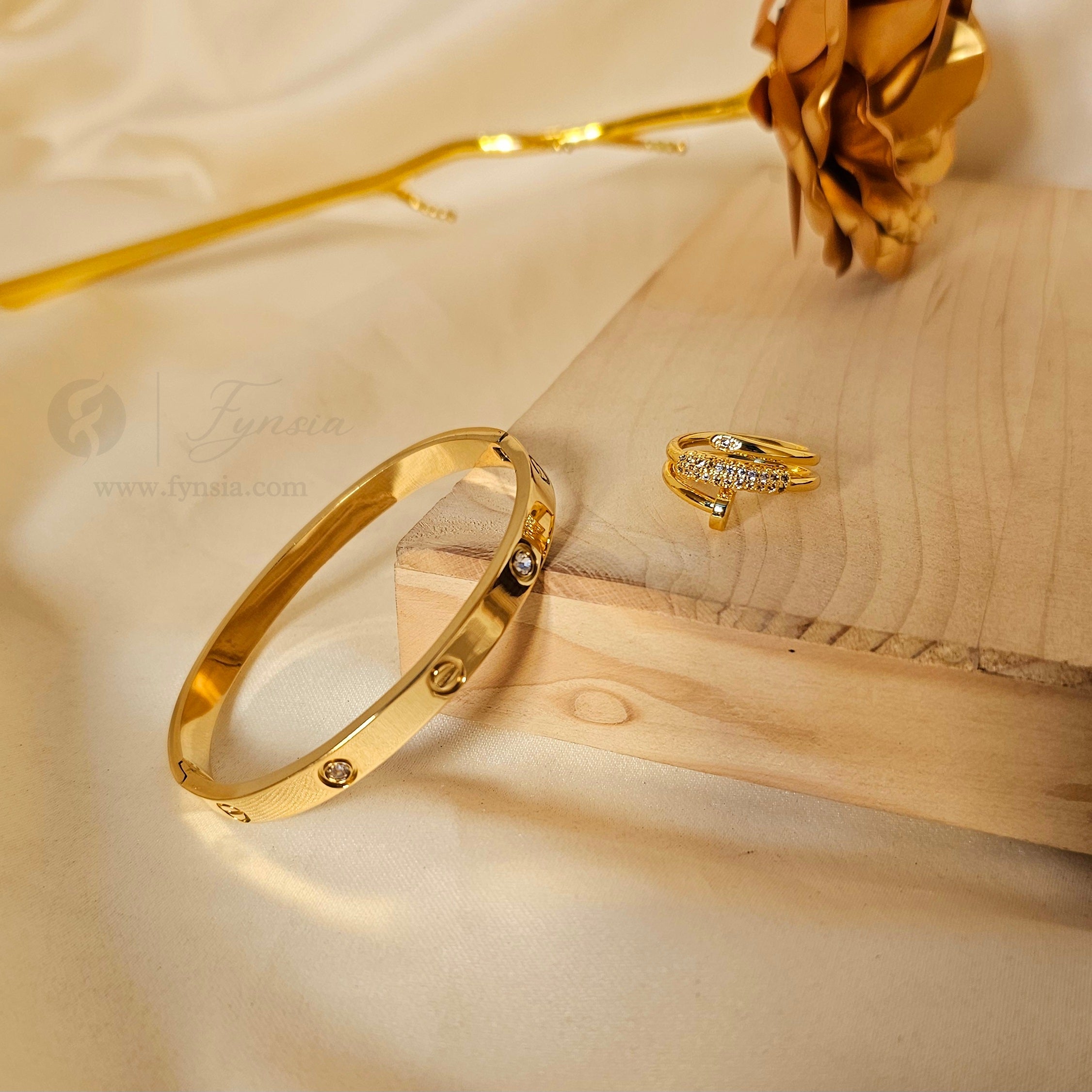 Golden Diamond Studded Kada Ring – Anti-Tarnish Bracelet Ring | Fynsia