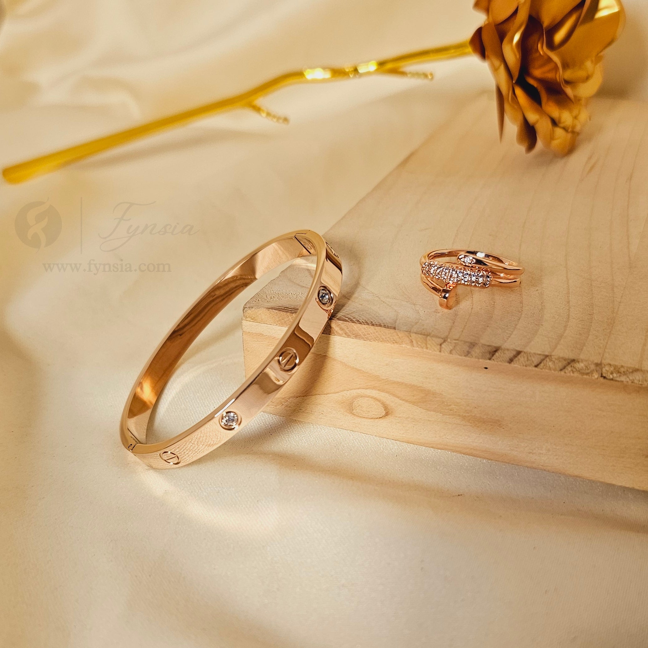 Rosegold Diamond Studded Kada Ring – Anti-Tarnish Bracelet Ring | Fynsia