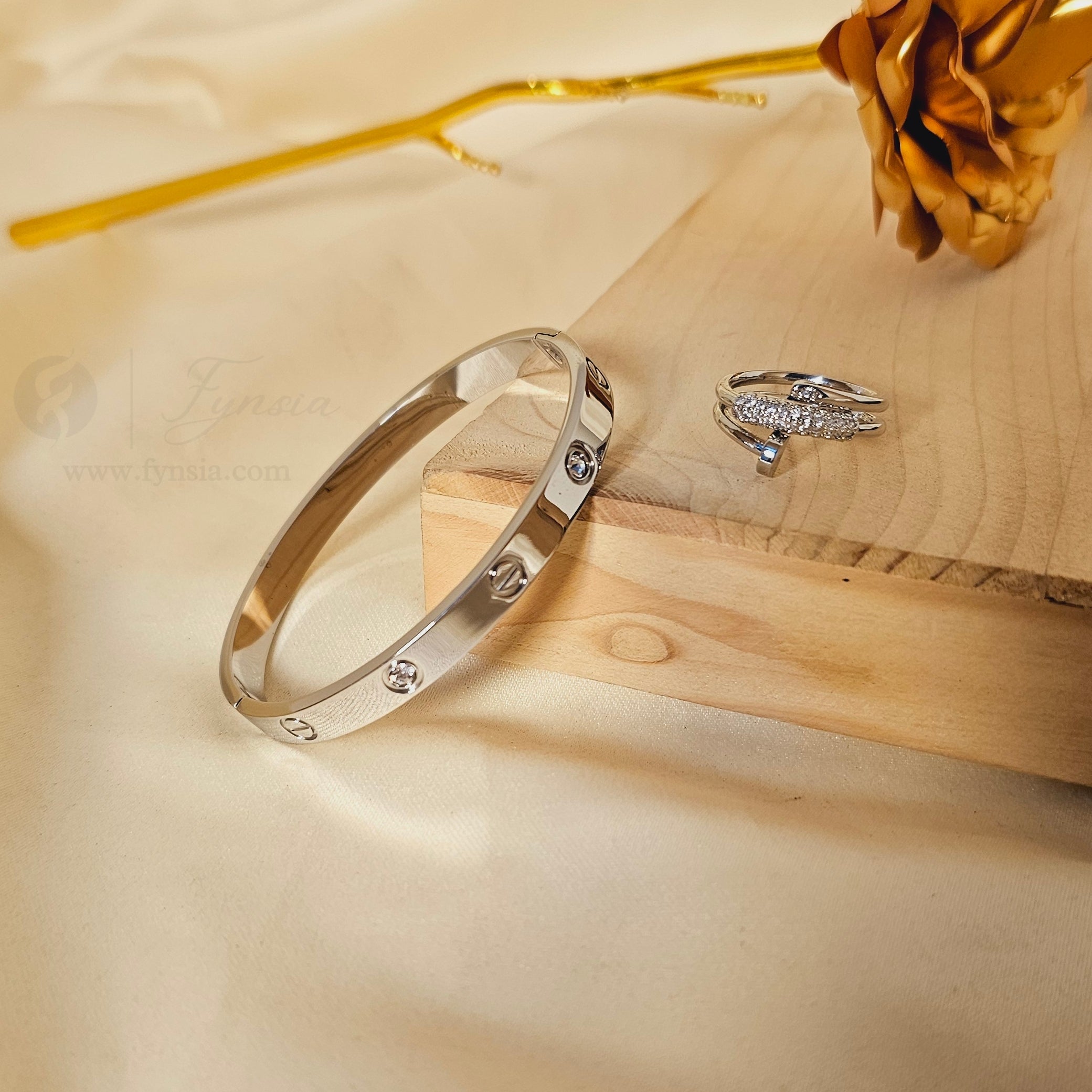 Silver Diamond Studded Kada Ring – Anti-Tarnish Bracelet Ring | Fynsia