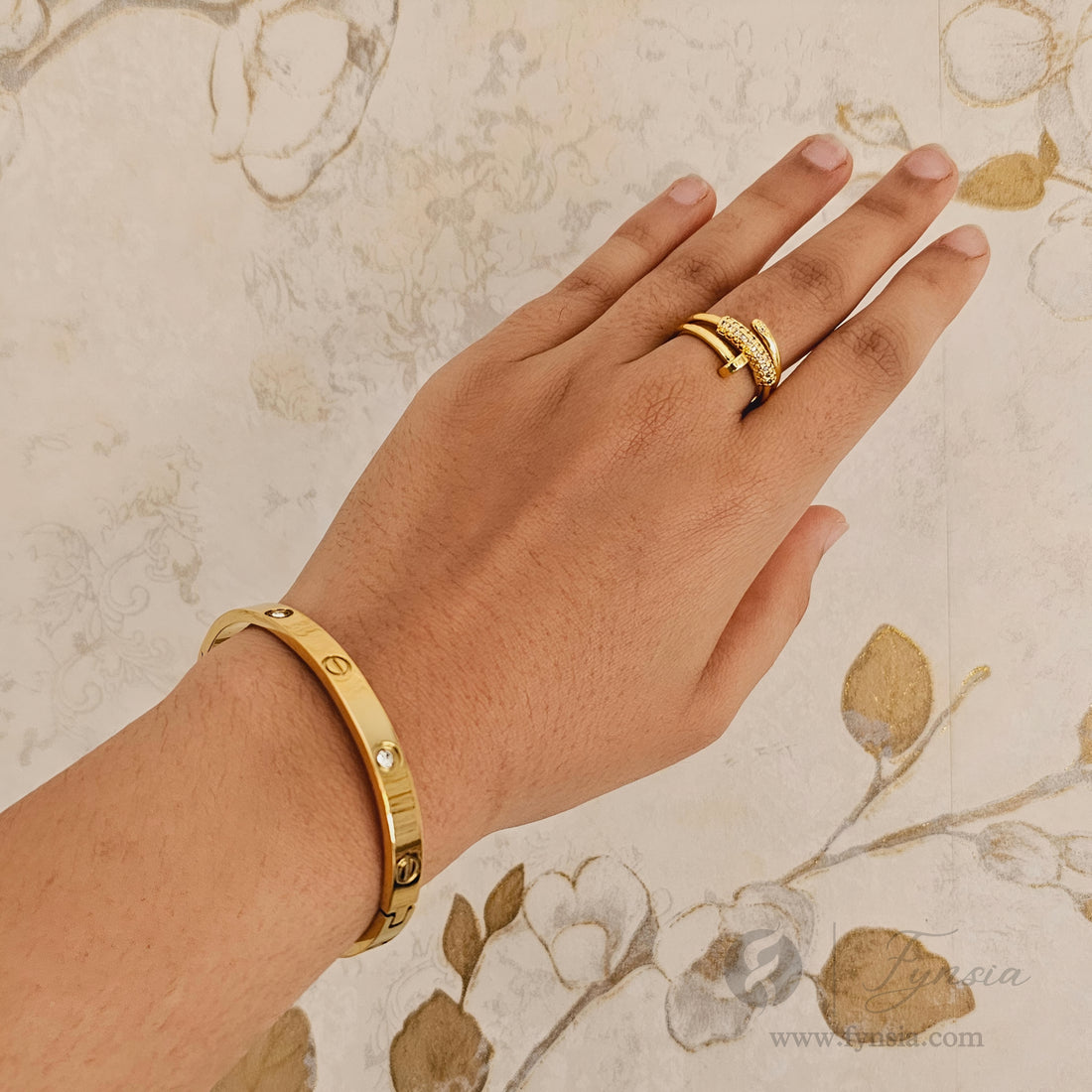 Golden Diamond Studded Kada Ring – Anti-Tarnish Bracelet Ring | Fynsia