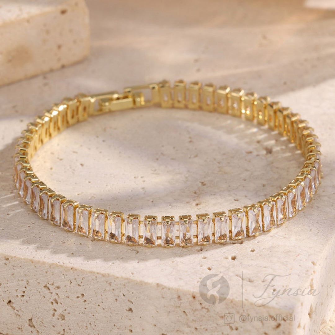 Golden Zirconia Baguette Tennis Bracelet - Anti Tarnish | Fynsia