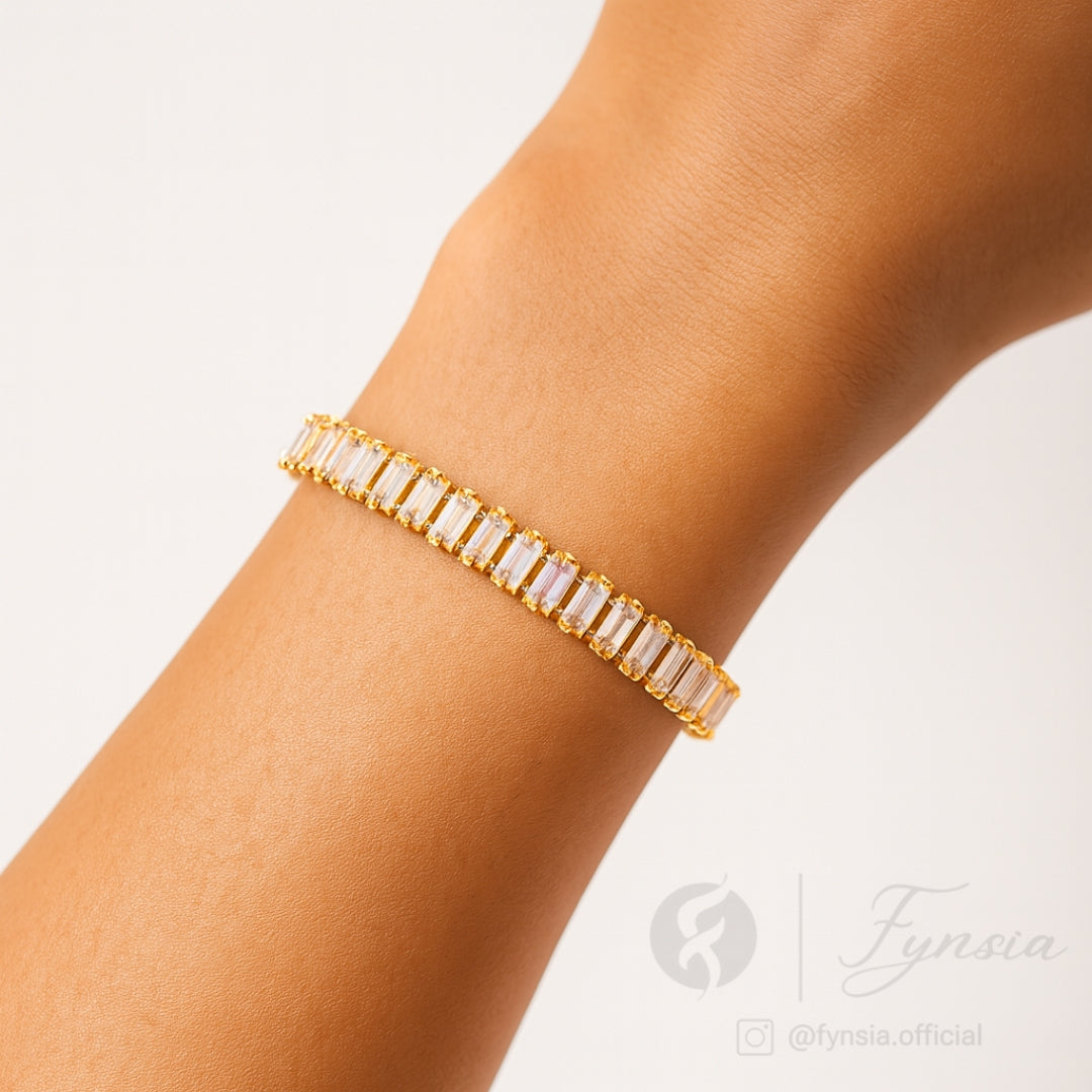 Golden Zirconia Baguette Tennis Bracelet - Anti Tarnish | Fynsia