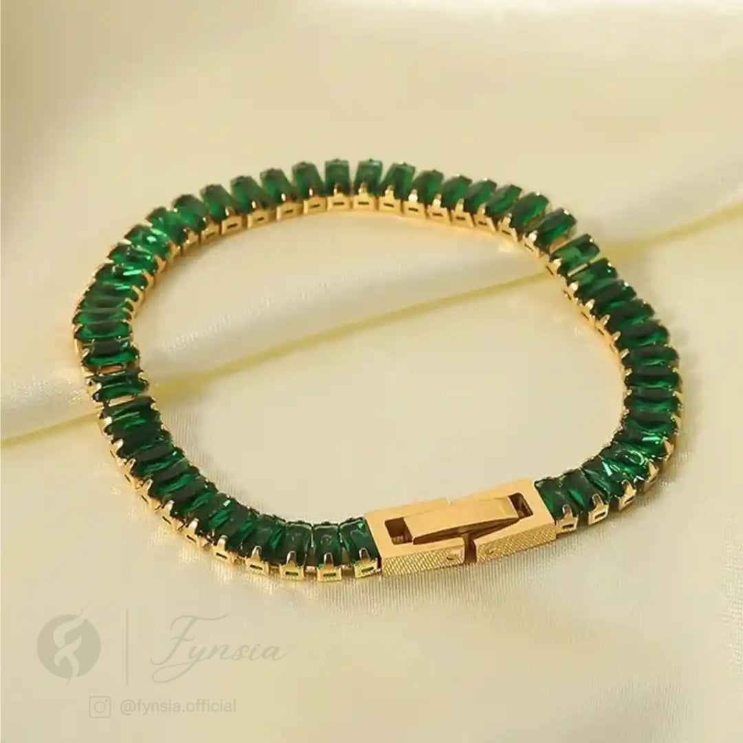 Golden Emerald Zirconia Baguette Tennis Bracelet - Anti Tarnish | Fynsia