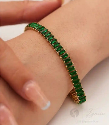 Golden Emerald Zirconia Baguette Tennis Bracelet - Anti Tarnish | Fynsia