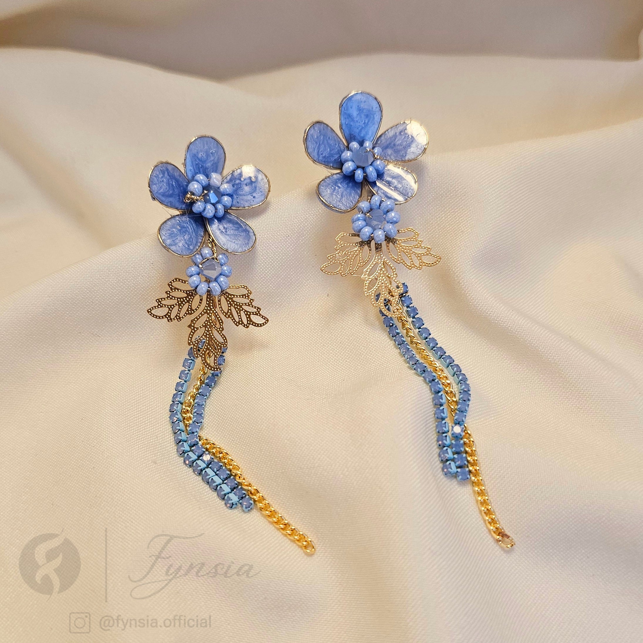 Handmade Blue Floral Bridal Sangeet Earrings | Fynsia