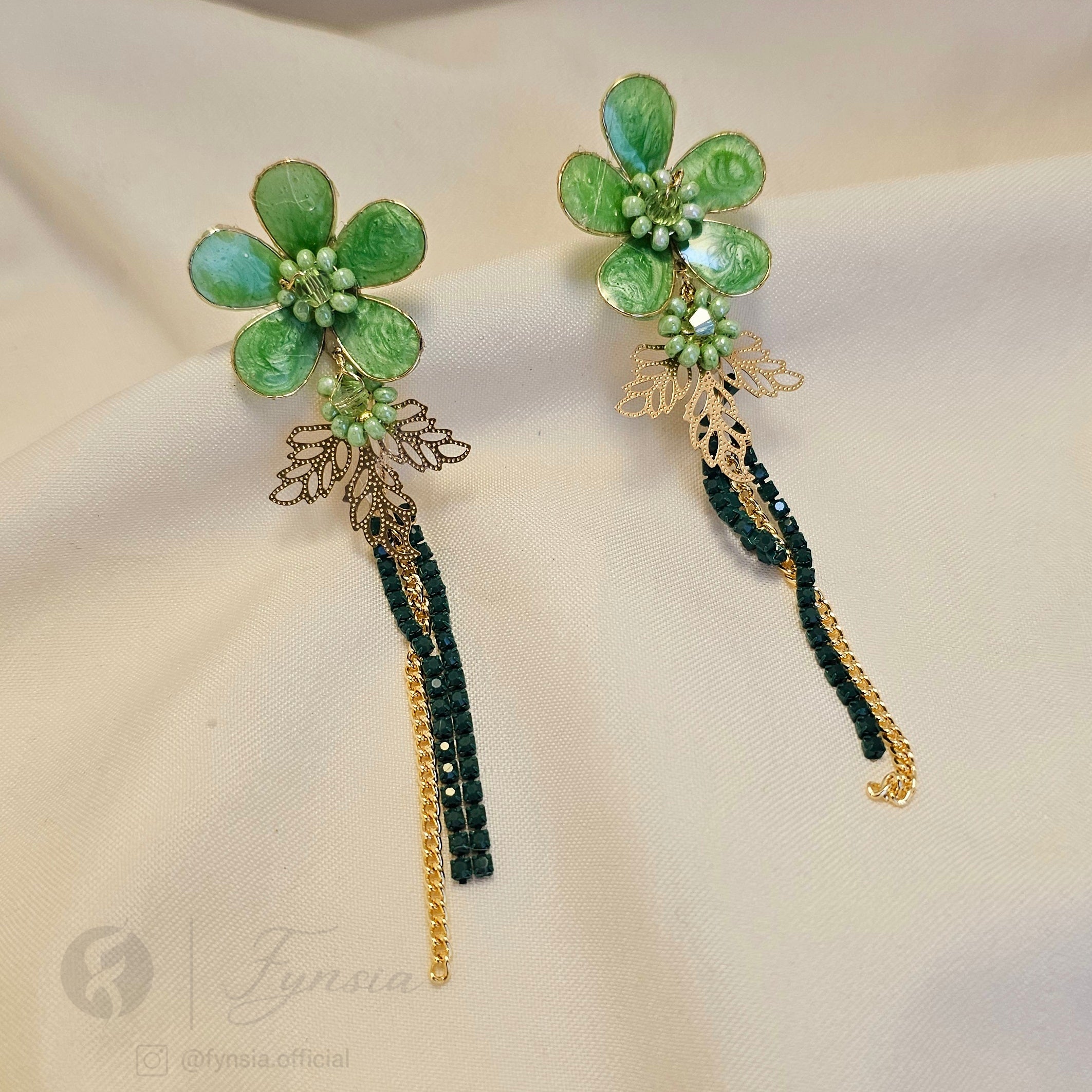 Handmade Green Floral Bridal Sangeet Earrings | Fynsia