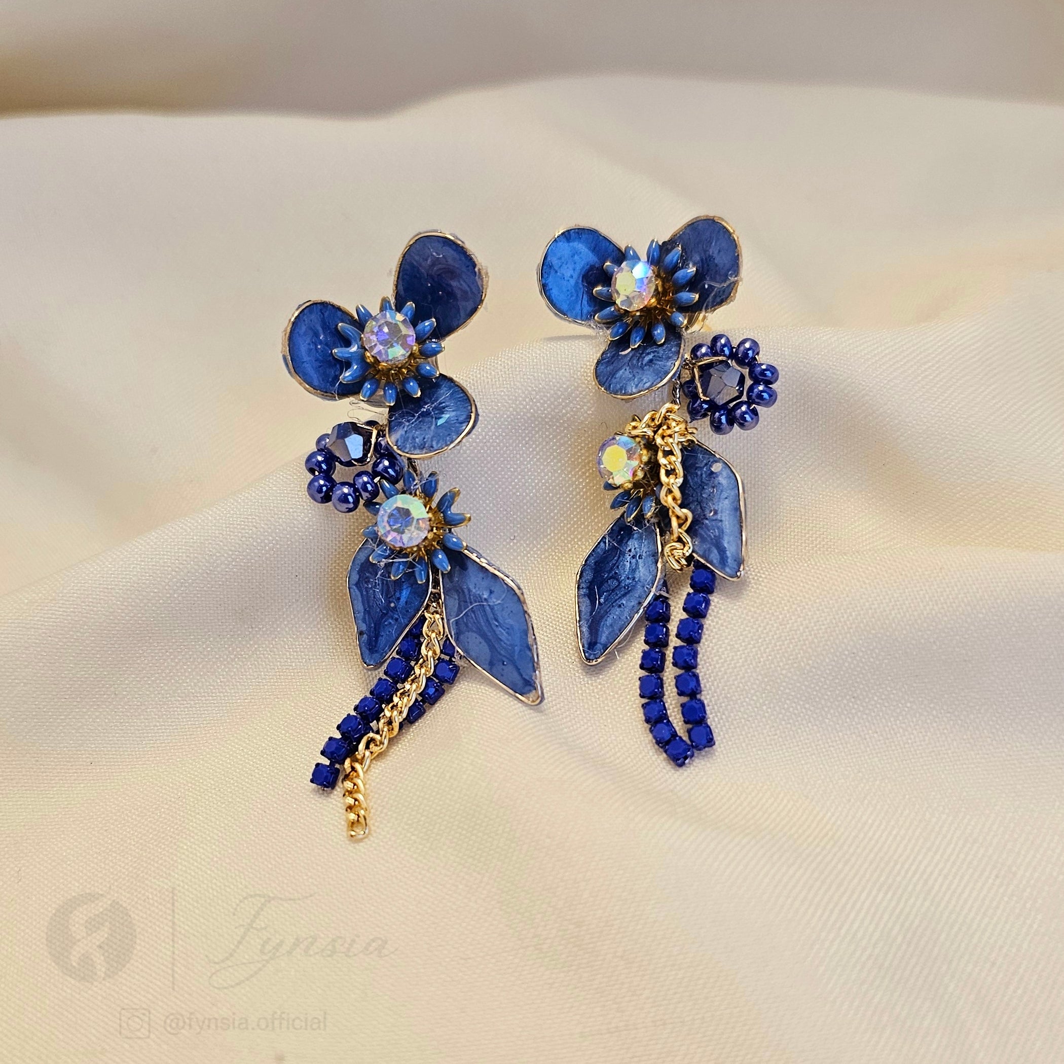 Handmade Blue Petal Luxe Bridal Sangeet Earrings | Fynsia