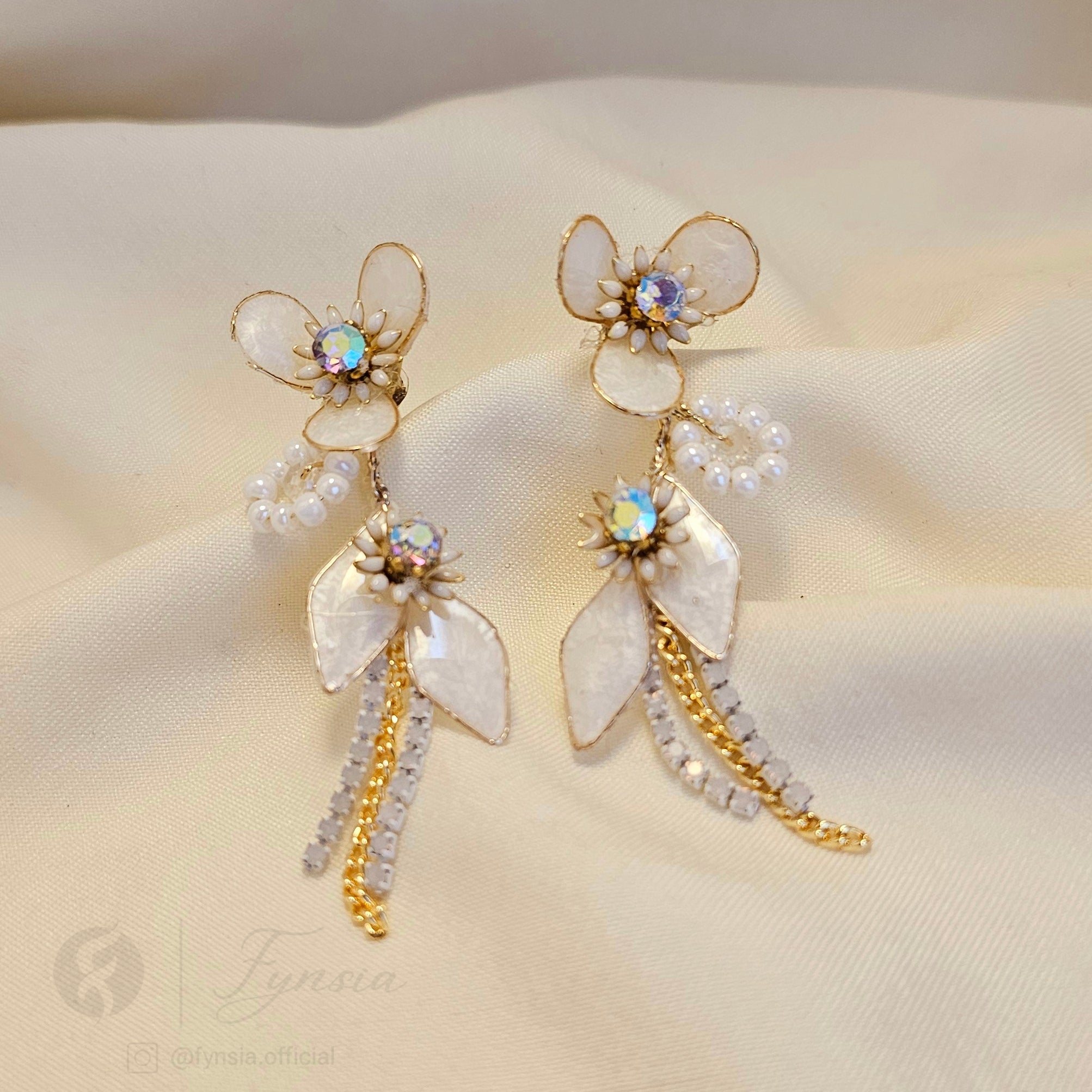 Handmade White Petal Luxe Bridal Sangeet Earrings | Fynsia