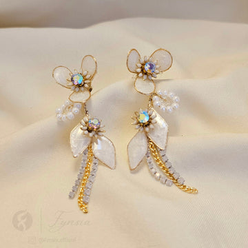 Handmade White Petal Luxe Bridal Sangeet Earrings | Fynsia