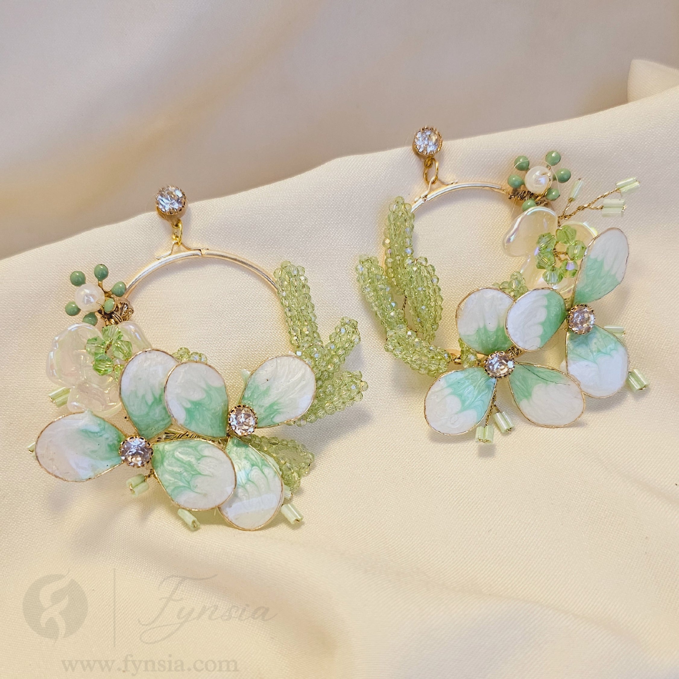 Handmade Green Blossom Luxe Bridal Sangeet Earrings | Fynsia