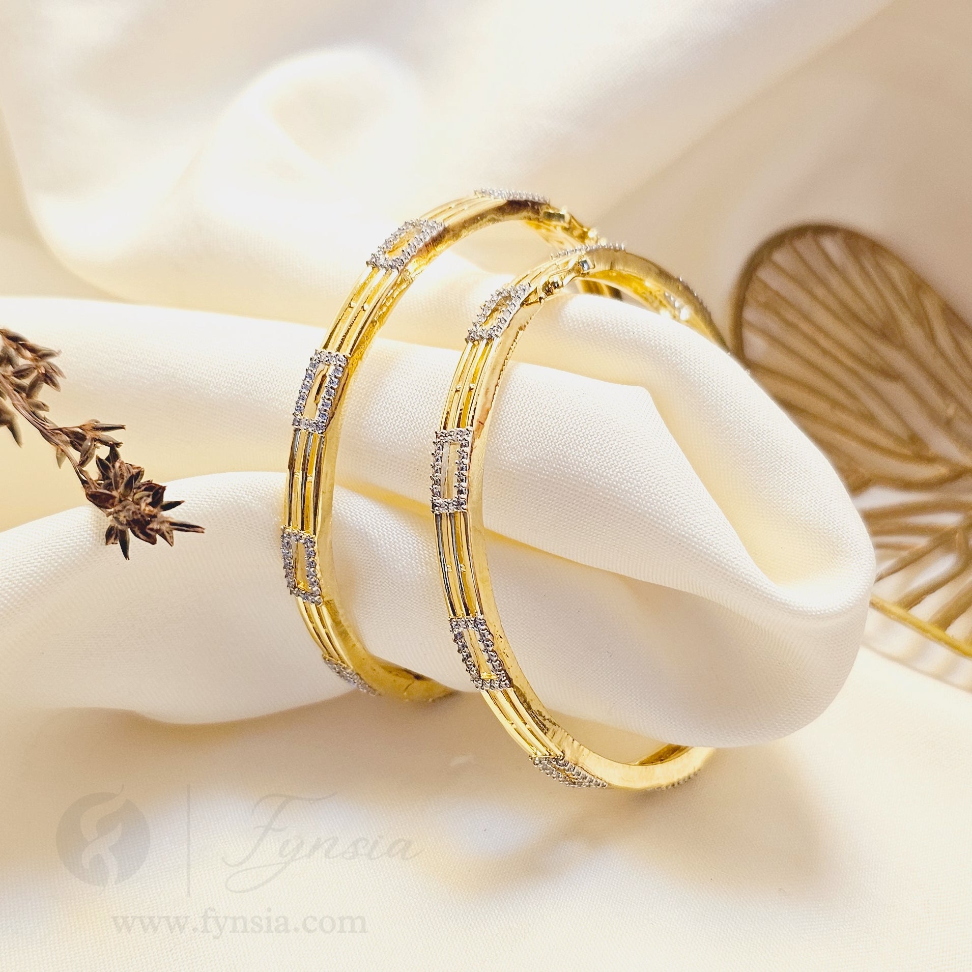 Ziya 18k Gold Tone 2pc American Diamond Bangles | Openable Lock | Fynsia