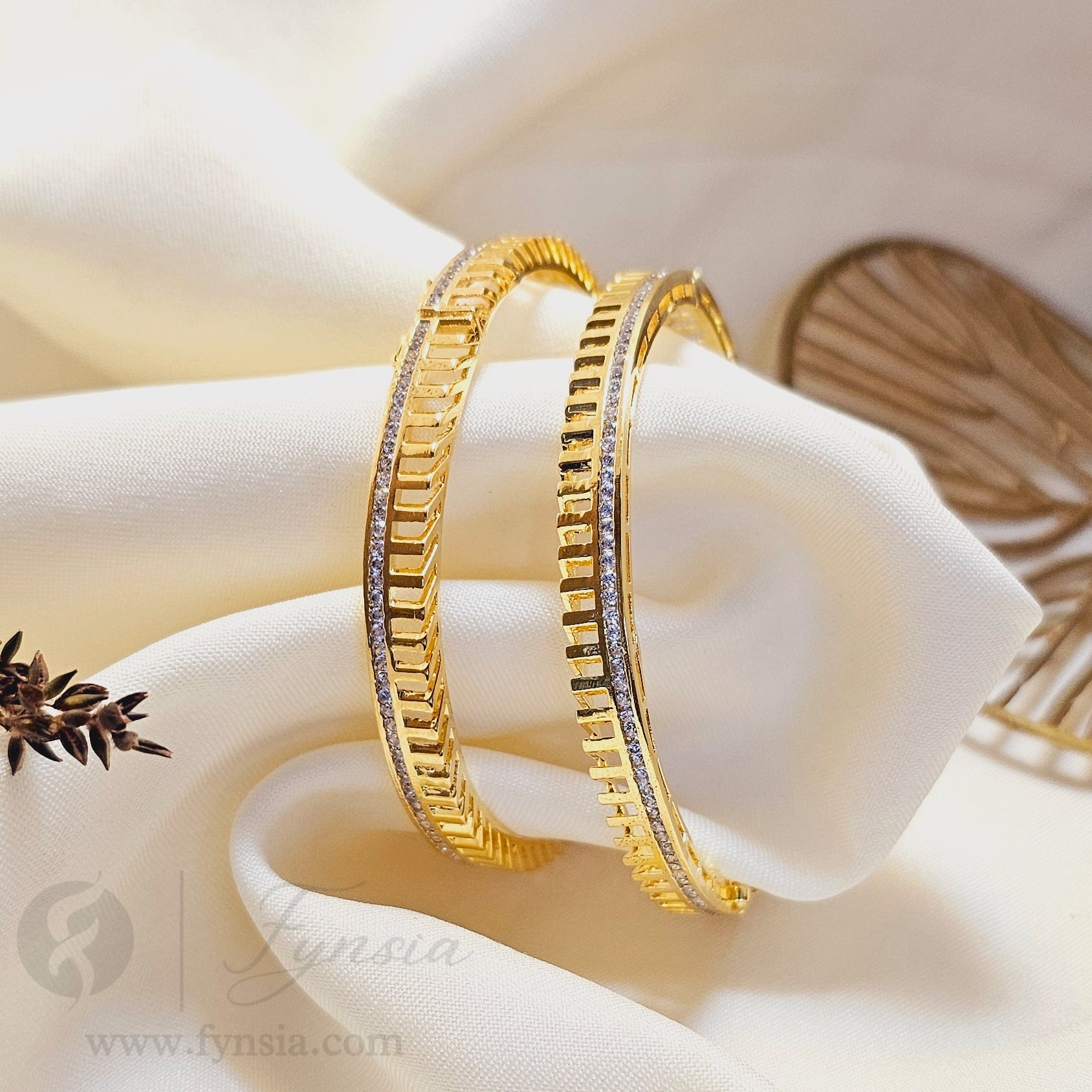 Naaz 18k Gold Tone 2pc American Diamond Bangles | Openable Lock | Fynsia