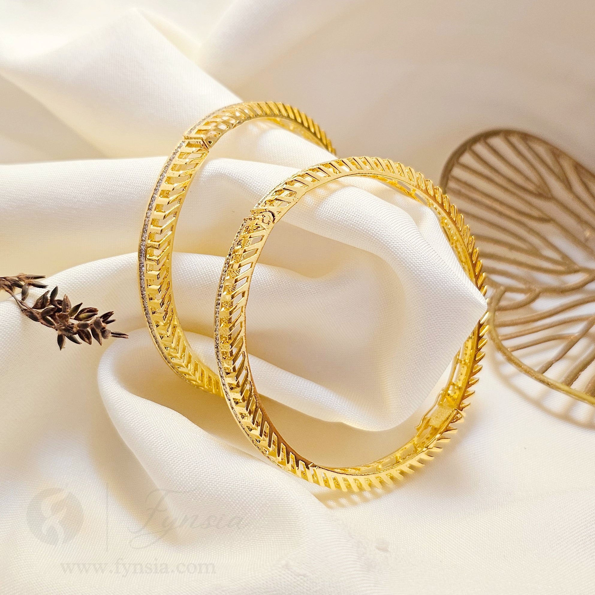 Naaz 18k Gold Tone 2pc American Diamond Bangles | Openable Lock | Fynsia
