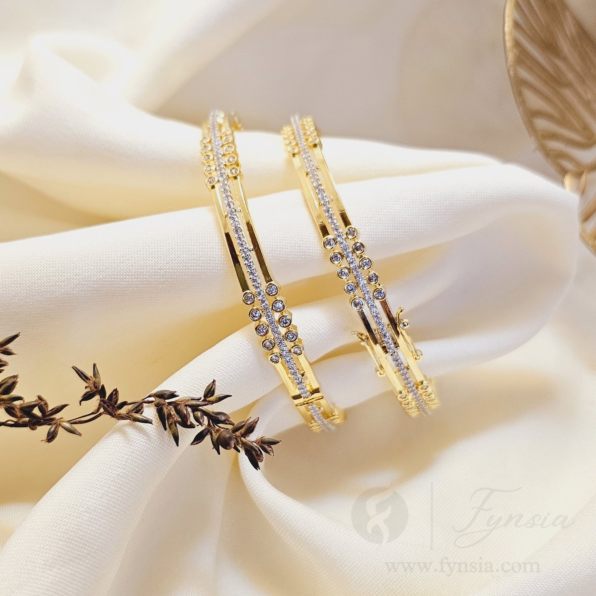 Shweta 18k Gold Tone 2pc American Diamond Bangles | Openable Lock | Fynsia