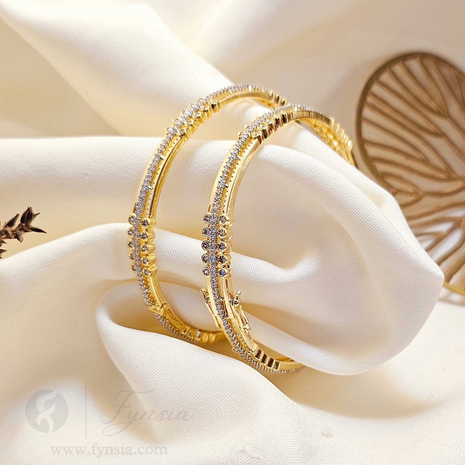 Shweta 18k Gold Tone 2pc American Diamond Bangles | Openable Lock | Fynsia