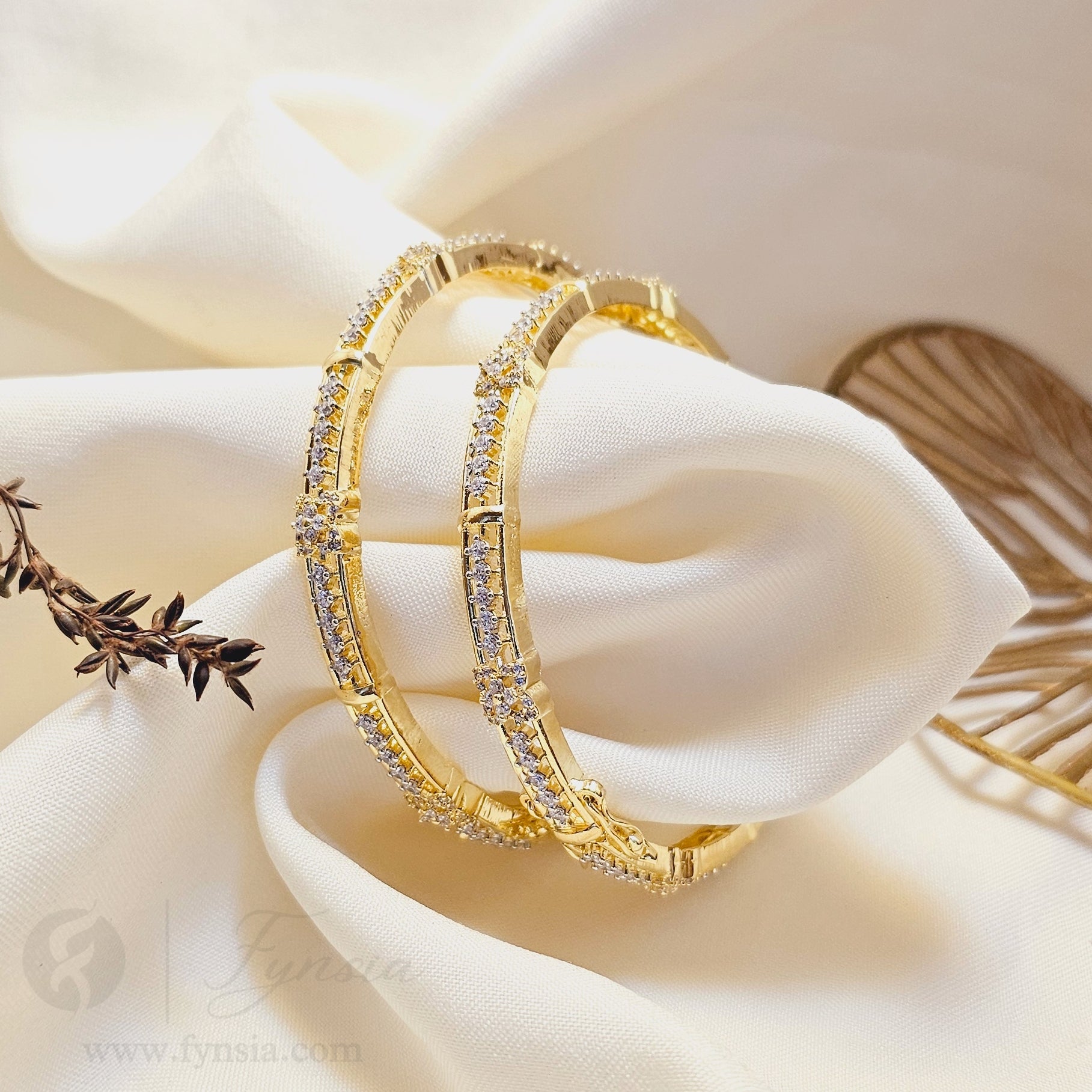 Muskan 18k Gold Tone 2pc American Diamond Bangles | Openable Lock | Fynsia