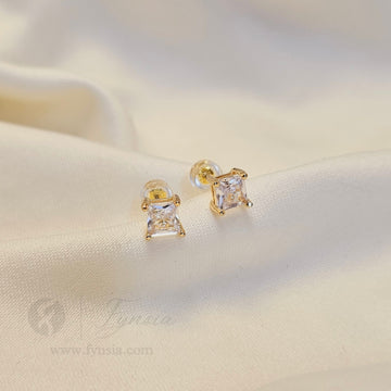 Golden Quad Solitaire Mini Earring Studs | Anti-Tarnish - Daily Wear |  Fynsia