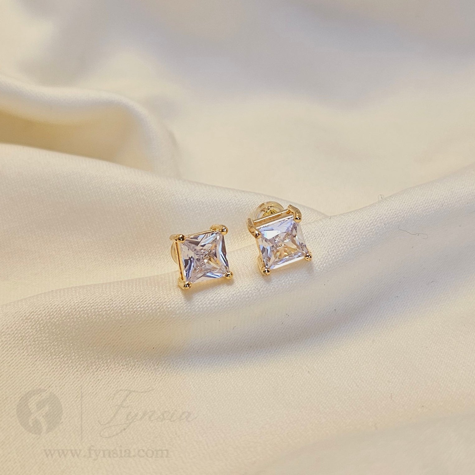Golden Quad Solitaire Small Earring Studs | Anti-Tarnish - Daily Wear |  Fynsia