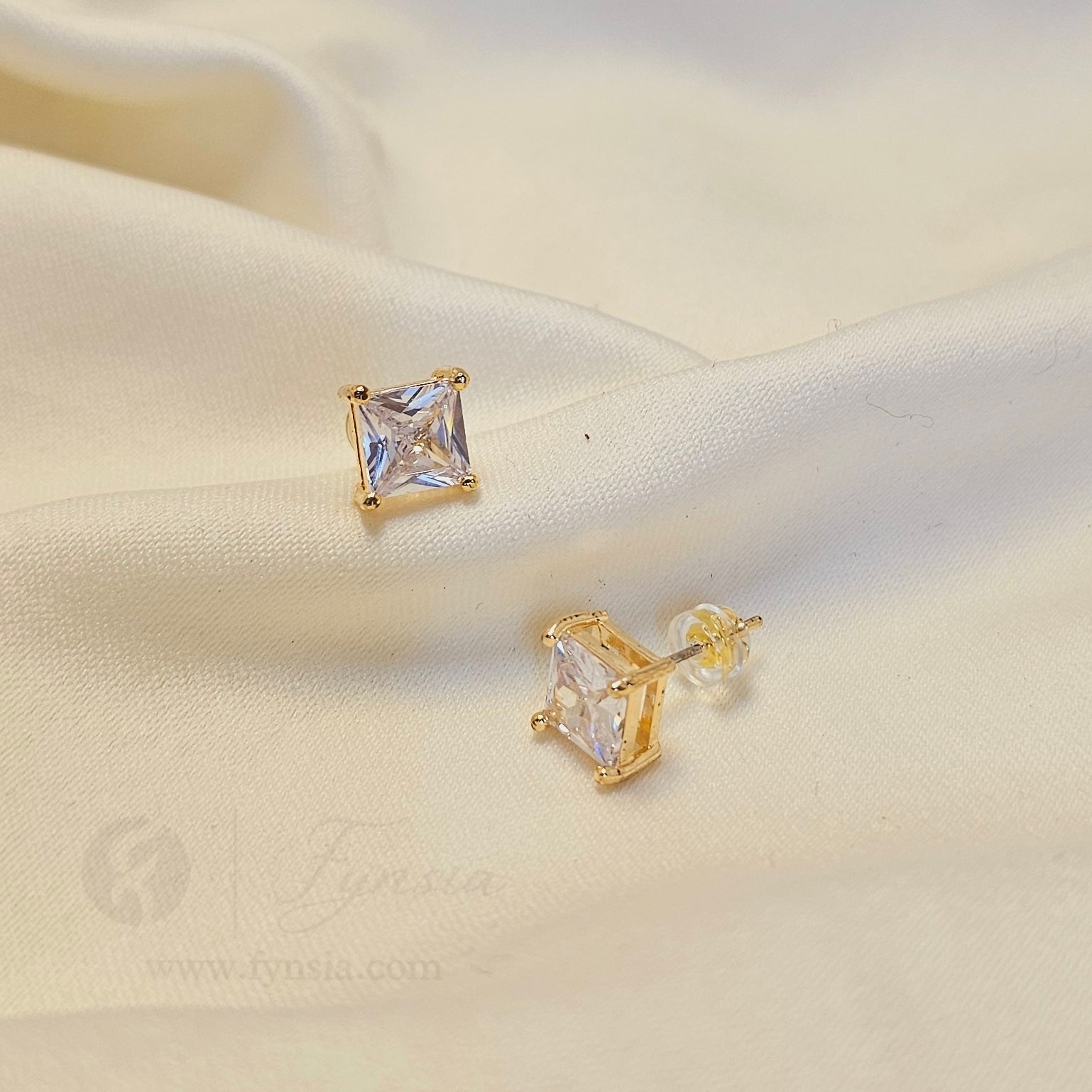 Golden Quad Solitaire Small Earring Studs | Anti-Tarnish - Daily Wear |  Fynsia