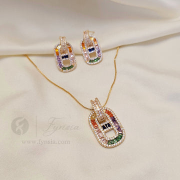 Garima Zirconia Multi Gold Tone Pendant Chain Set With Earrings | Fynsia