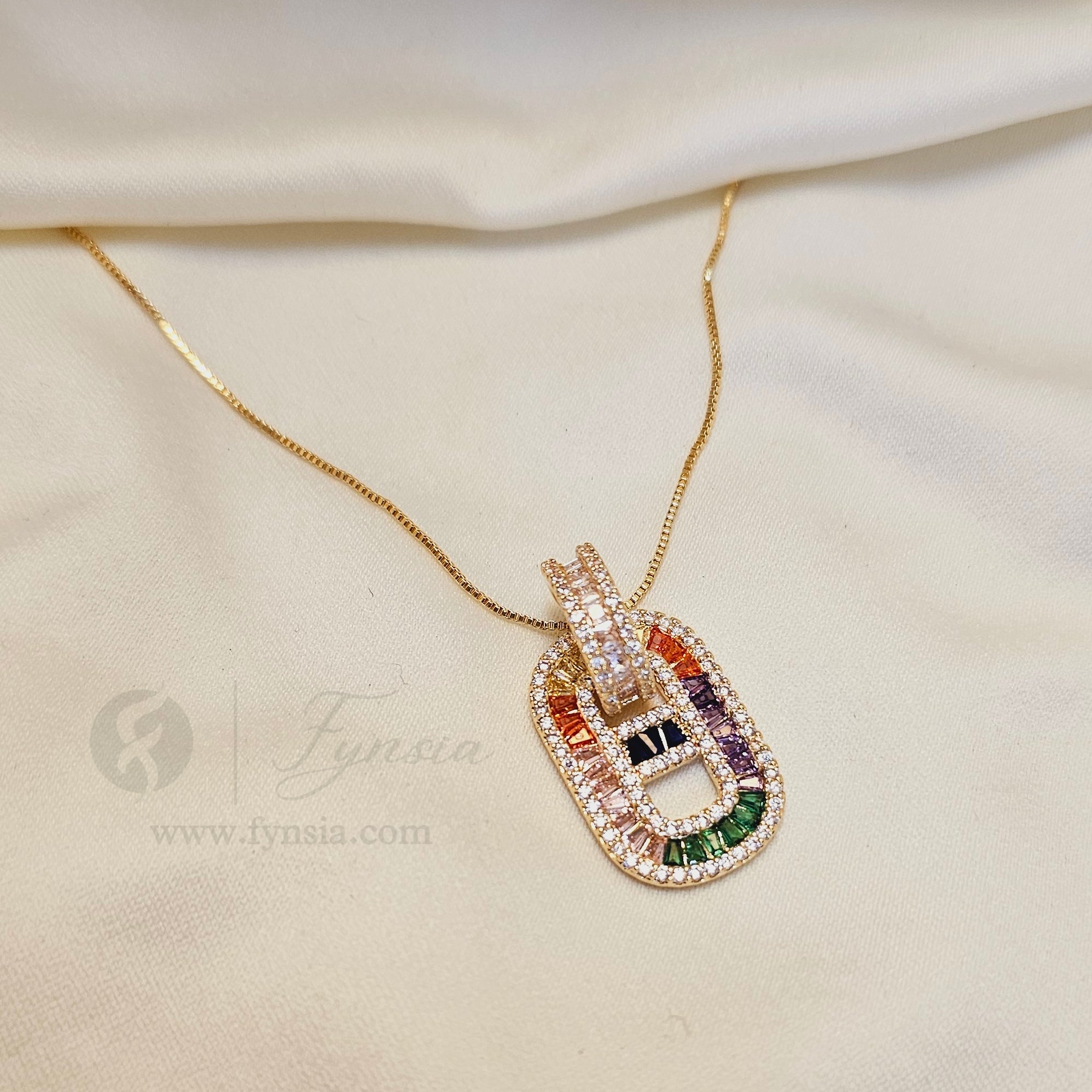 Garima Zirconia Multi Gold Tone Pendant Chain Set With Earrings | Fynsia