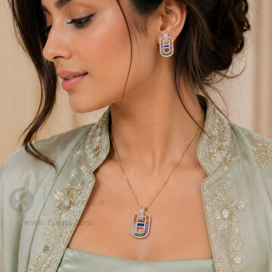 Garima Zirconia Multi Gold Tone Pendant Chain Set With Earrings | Fynsia