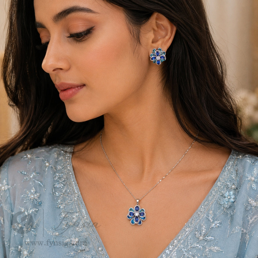Tushita Zirconia Aqua Blue Silver Tone Pendant Chain Set With Earrings | Fynsia