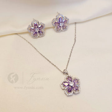 Faiza Zirconia Lilac Silver Tone Pendant Chain Set With Earrings | Fynsia