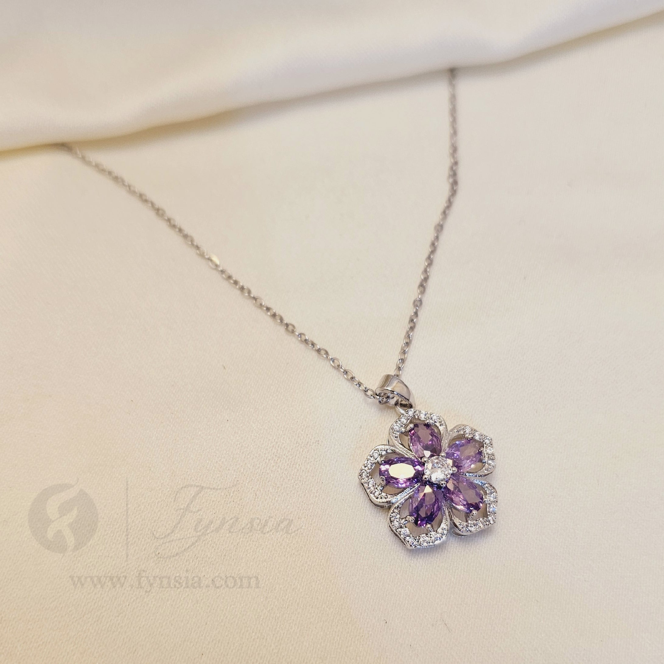 Faiza Zirconia Lilac Silver Tone Pendant Chain Set With Earrings | Fynsia