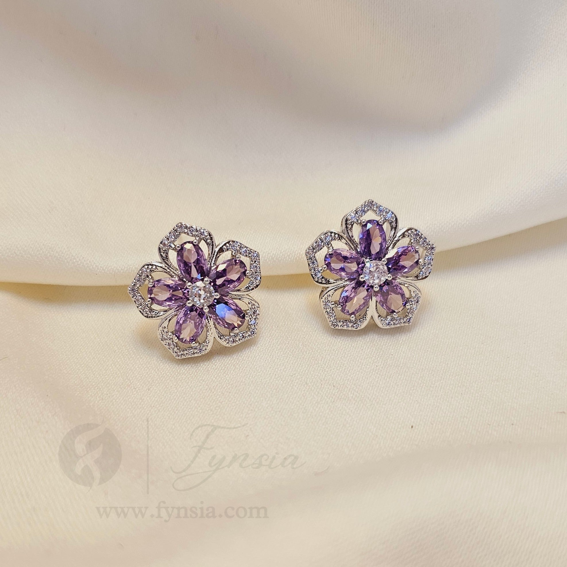 Faiza Zirconia Lilac Silver Tone Pendant Chain Set With Earrings | Fynsia