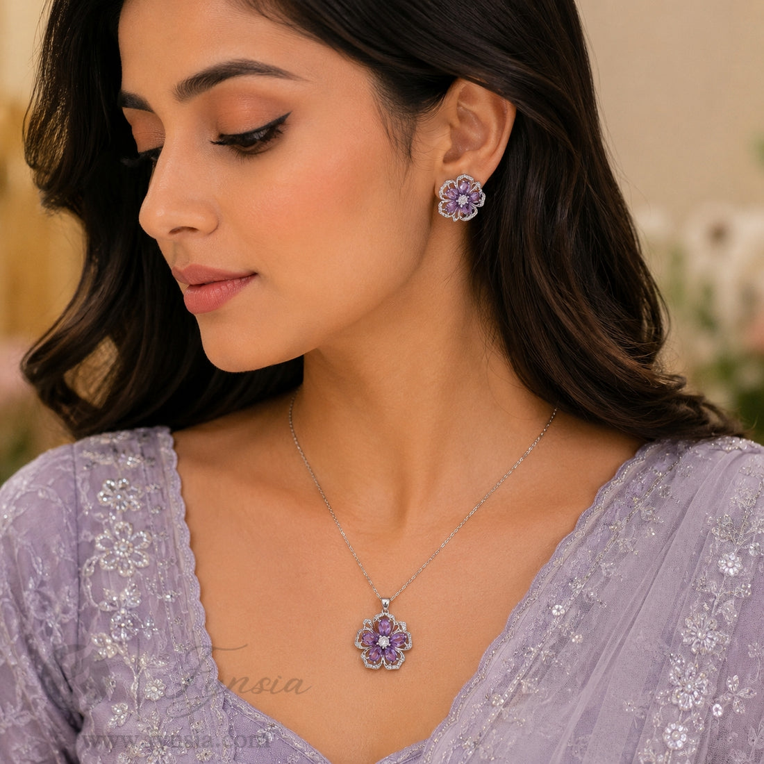 Faiza Zirconia Lilac Silver Tone Pendant Chain Set With Earrings | Fynsia