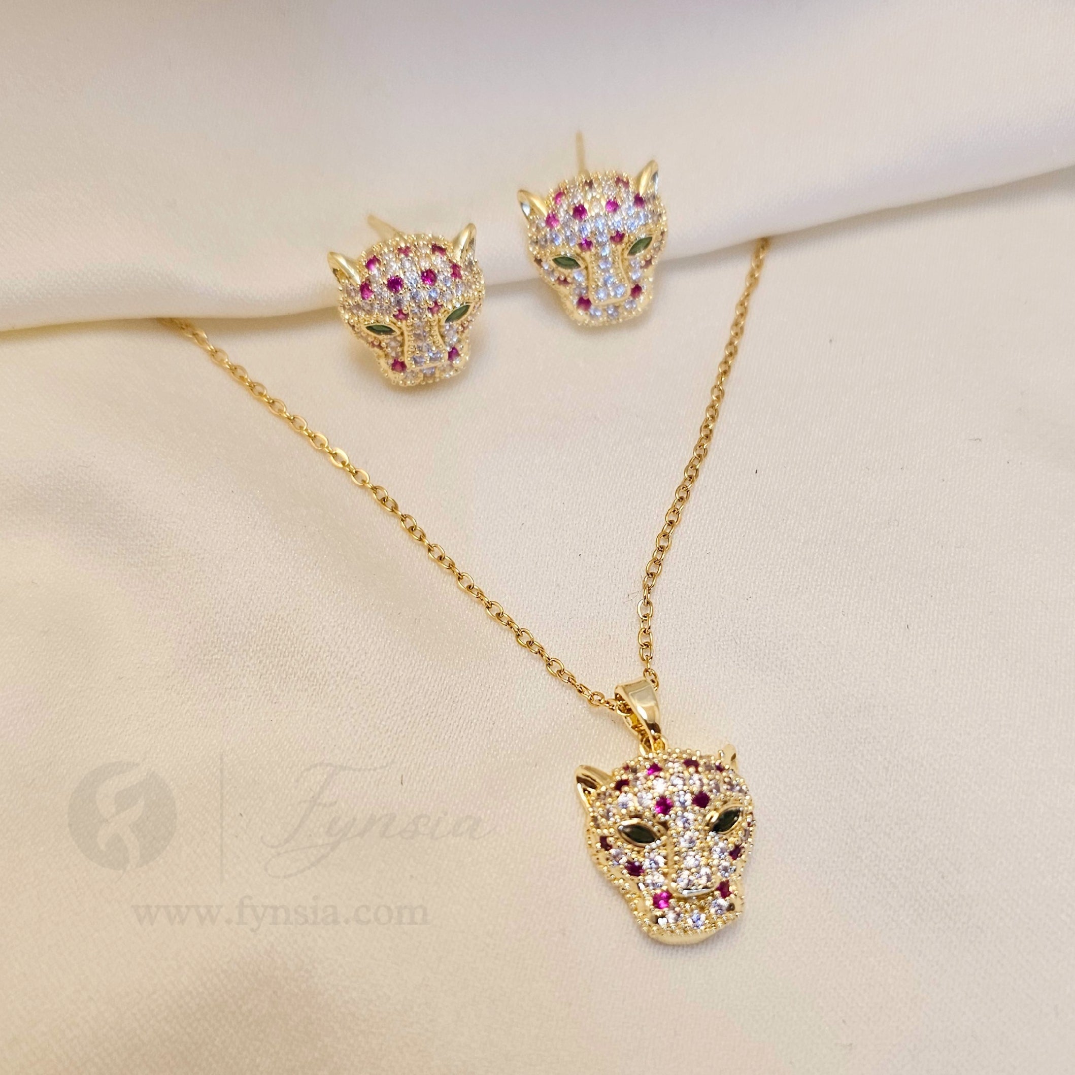 Jaguar Zirconia Multi Gold Tone Pendant Chain Set With Earrings | Fynsia