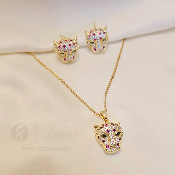 Jaguar Zirconia Multi Gold Tone Pendant Chain Set With Earrings | Fynsia