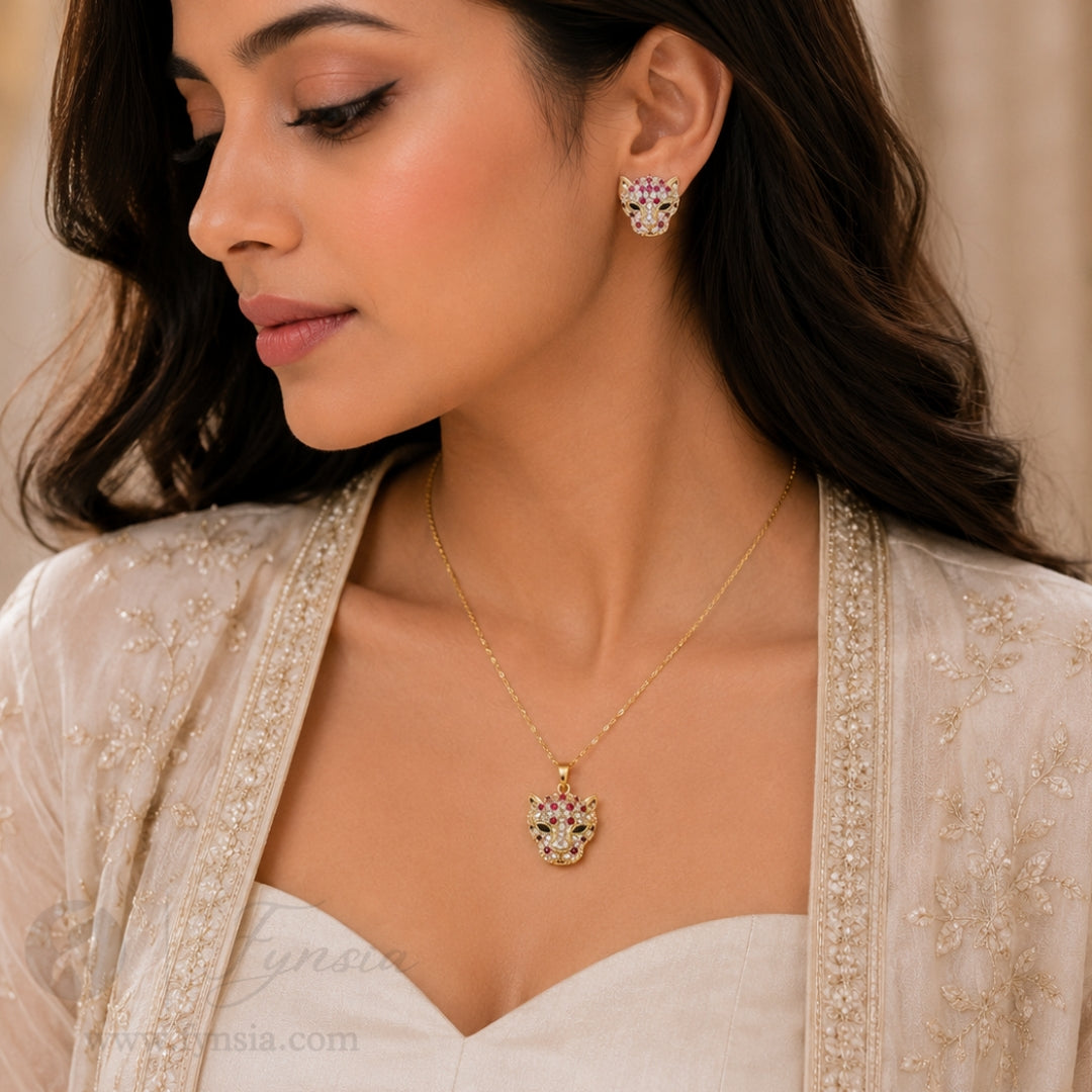 Jaguar Zirconia Multi Gold Tone Pendant Chain Set With Earrings | Fynsia