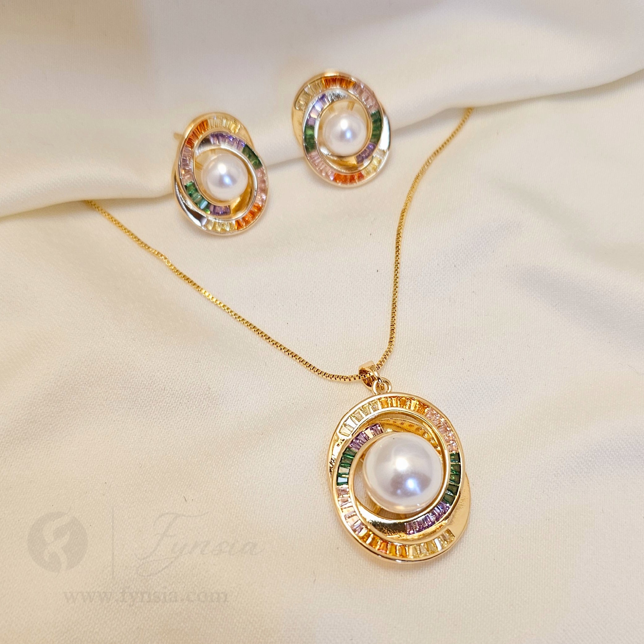 Hamita Zirconia Multi Gold Tone Pendant Chain Set With Earrings | Fynsia
