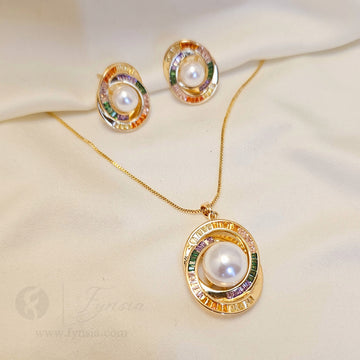 Hamita Zirconia Multi Gold Tone Pendant Chain Set With Earrings | Fynsia